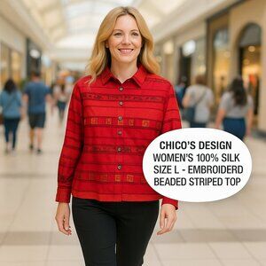 Chico’s Design Women’s Top Size L Embroidered Beaded Striped